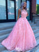 Elegant Pink A-line Jewel Sleeveless Lace Cheap Maxi Long Party Prom Gowns,Evening Dresses,WGP485