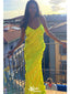 Gorgeous Yellow Spaghetti Straps V Neck Sleeveless Ruffle Cheap Maxi Long Party Prom Gowns,Evening Dresses,WGP493