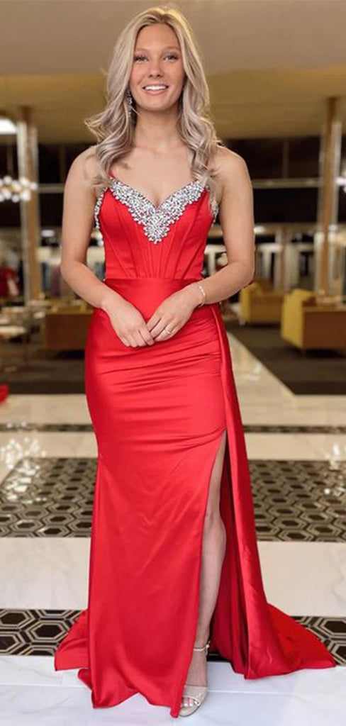 Elegant Red Mermaid Spaghetti Straps V Neck Sleeveless Side Slit Rhinestone Cheap Maxi Long Party Prom Gowns,Evening Dresses,WGP501