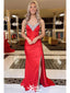 Elegant Red Mermaid Spaghetti Straps V Neck Sleeveless Side Slit Rhinestone Cheap Maxi Long Party Prom Gowns,Evening Dresses,WGP501