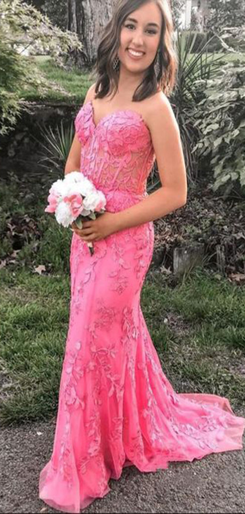 Gorgeous Pink Mermaid Sweetheart Sleeveless Lace Cheap Maxi Long Party Prom Gowns,Evening Dresses,WGP516