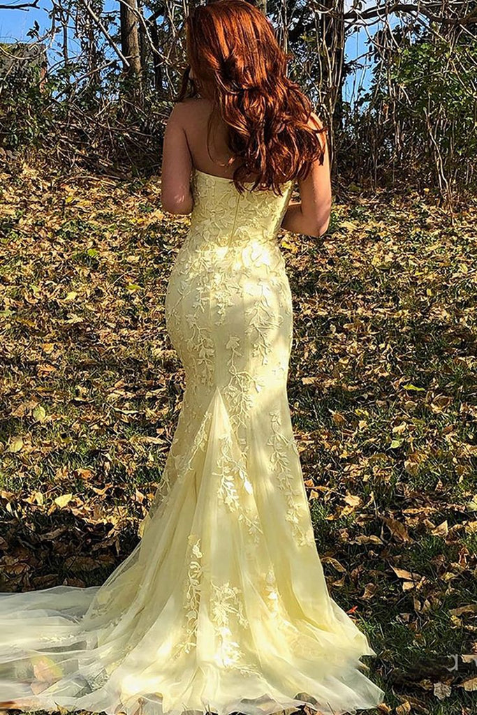 Elegant Yellow Mermaid Strapless Sleeveless Side Slit Lace Cheap Maxi Long Party Prom Gowns,Evening Dresses,WGP518
