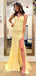 Sexy Yellow Mermaid Spaghetti Straps V Neck Sleeveless Side Slit Lace Cheap Maxi Long Party Prom Gowns,Evening Dresses,WGP519