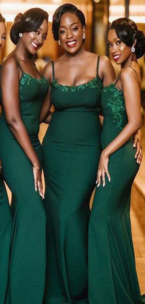 Sexy Emerald Green Mermaid Spaghetti Straps Applique Cheap Maxi Long Wedding Guest Bridesmaid Dresses,WGM203