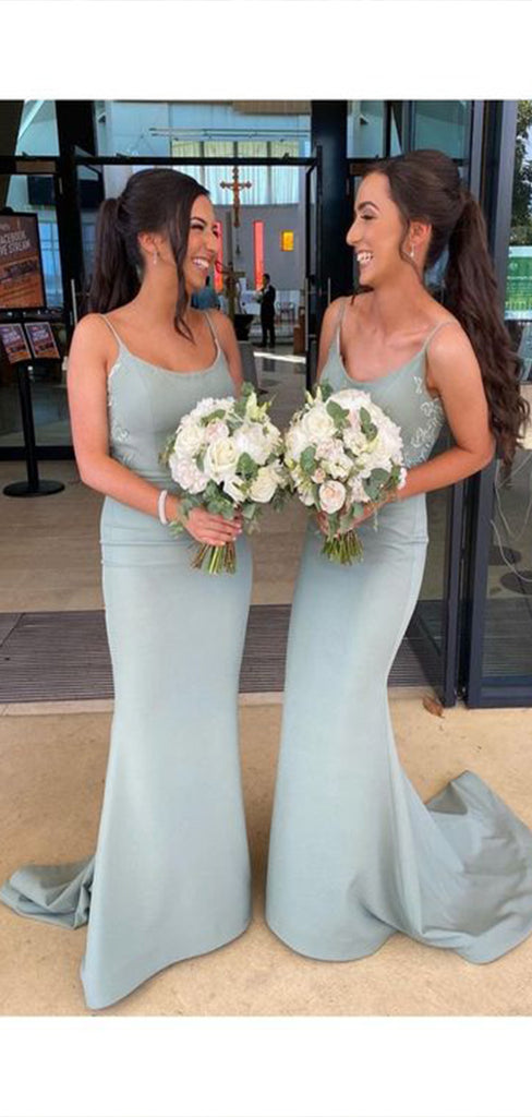 Sexy Mermaid Spaghetti Straps Applique Backless Popular Cheap Maxi Long Wedding Guest Bridesmaid Dresses,WGM248