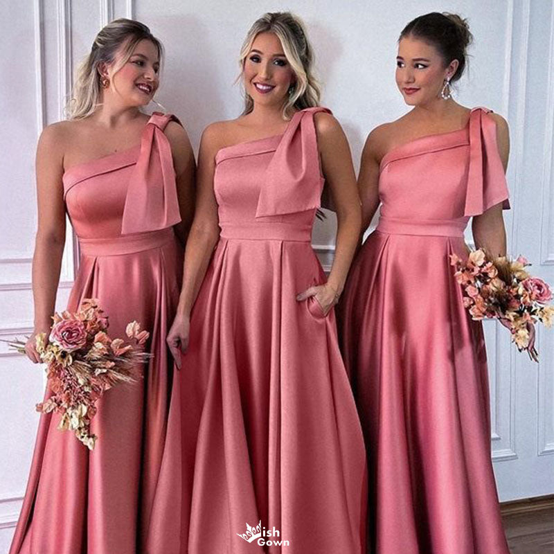 Elegant Pink One-Shoulder Sleeveless Mermaid Long Bridesmaid Dresses Online, WGM433