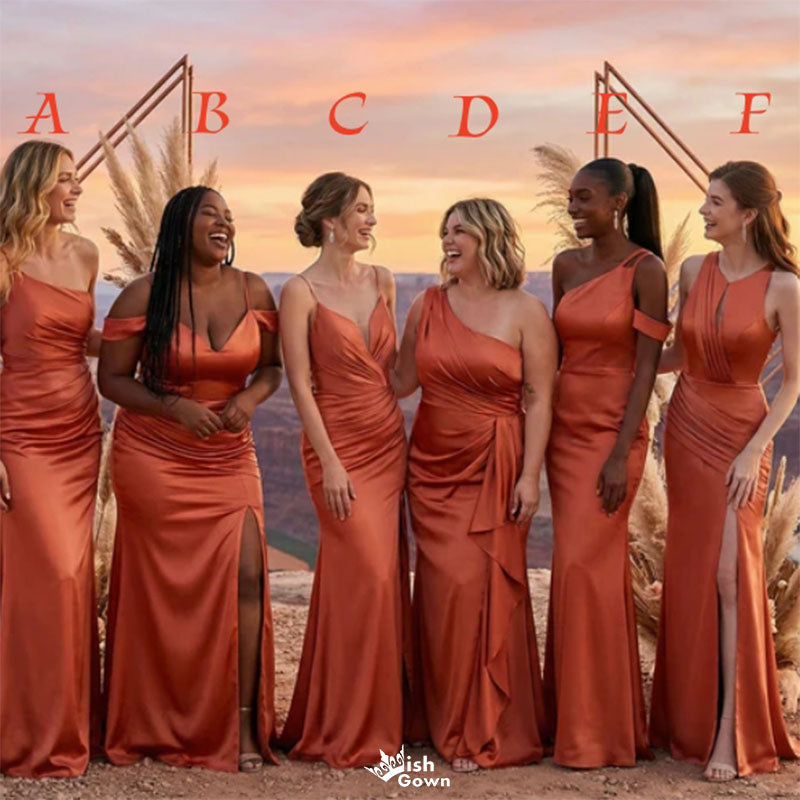 Modern Multi-Style Burnt Orange Satin Maid of Honor Dress With Side Slit,WGM473