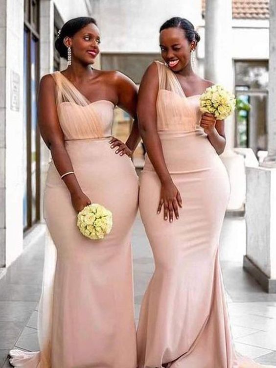 Light Pink Mismatched Mermaid Satin One Shoulder Long Bridesmaid Dress Wish Gown Light Pink Mismatched Mermaid Satin One Shoulder Long Bridesmaid Dress Wish Gown