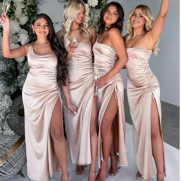 Simple Pink One Shoulder Side Slit Sexy Mermaid Cheap Maxi Long Wedding Guest Bridesmaid Dresses,WGM192