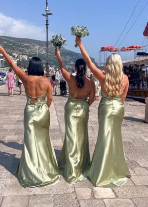 Popular Green Spaghetti Straps Side Slit Sexy Mermaid Cheap Maxi Long Wedding Guest Bridesmaid Dresses,WGM193
