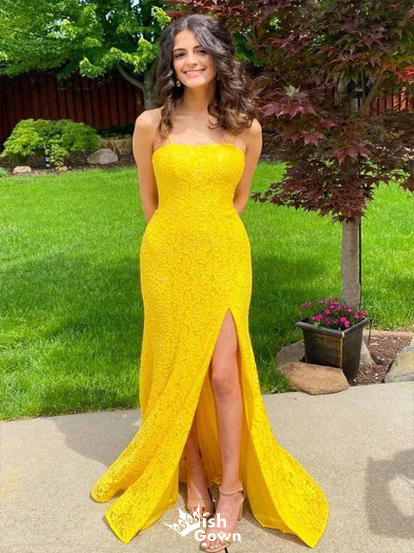 Gorgeous Mermaid Spaghetti Straps Side Slit Applique Lace Long Party Prom Gowns,Evening Dresses,WGP382