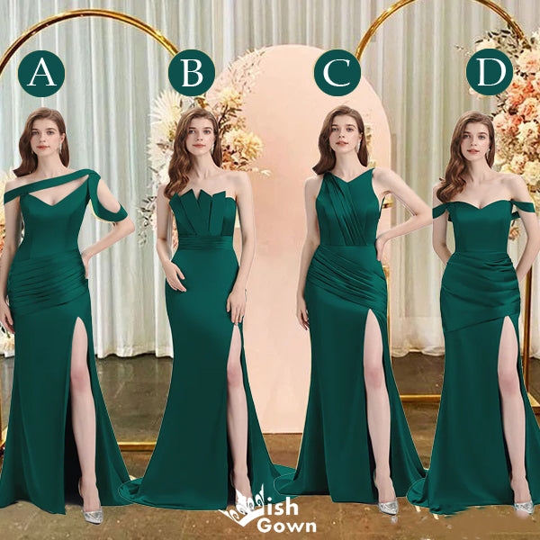 Mismatched Dark Green Mermaid Soft Satin Long Slits Bridesmaid Dresses Wish Gown Mismatched Dark Green Mermaid Soft Satin Long Slits Bridesmaid Dresses Wish Gown