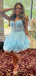 Elegant Blue Spaghetti Straps Sleeveless Sequin Cheap Short Homecoming Dresses, EPT150
