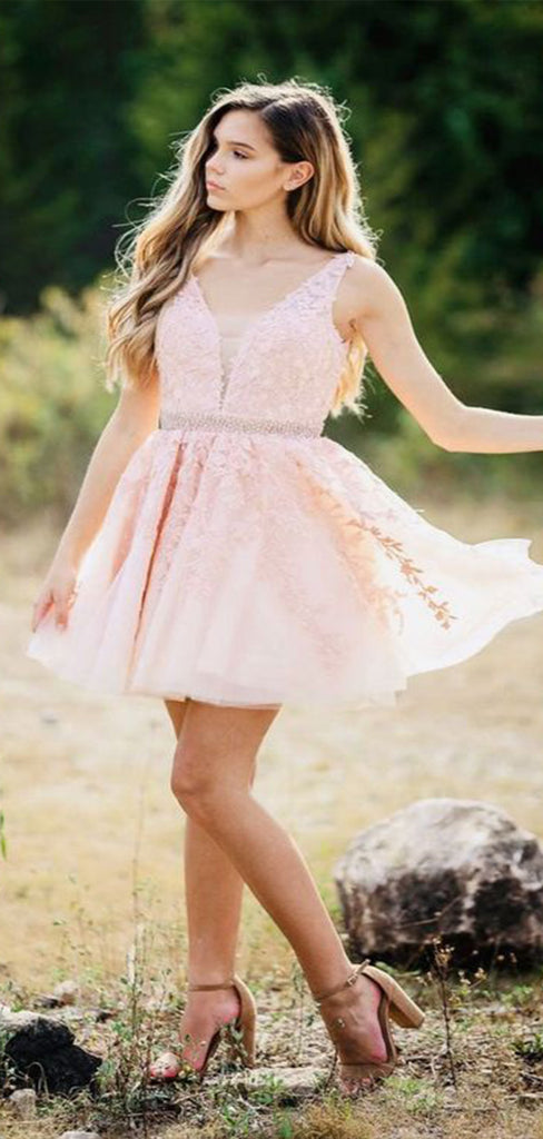 Elegant Pink Straps V Neck Sleeveless Lace Cheap Short Homecoming Dresses, EPT151