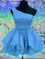 Elegant Blue One Shoulder Sleeveless Beads Cheap Short Homecoming Dresses, EPT165