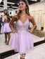 Elegant Purple Spaghetti Straps V Neck Sleeveless Applique Cheap Short Homecoming Dresses, EPT169
