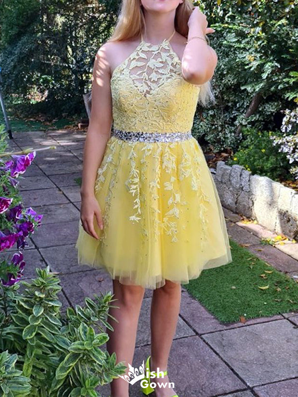 Elegant Yellow Halter Sleeveless Applique Sequin Cheap Short Homecomin – Wish Gown