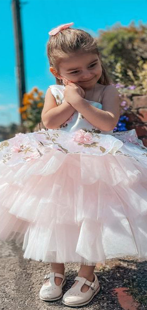 Lovely Ball Gown One Shoulder Sleeveless Applique Ruffle Little Long Flower Girl Dresses, Wedding Flower Girl Dresses, FGD033