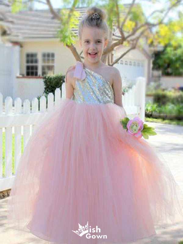 Sweet Sequin Top Tulle Appliques Long Flower Girl Dresses With Bow, FG001
