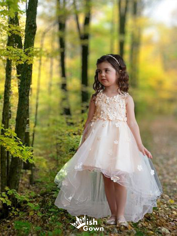 Cute Straps Round Neck Sleeveless Short Front Long Back Applique Littl Wish Gown Cute Straps Round Neck Sleeveless Short Front Long Back Applique Littl Wish Gown