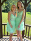 Gorgeous Mint Green A-Line Spaghetti Straps V Neck Applique Ruffle Short Homecoming Dresses, EPT130
