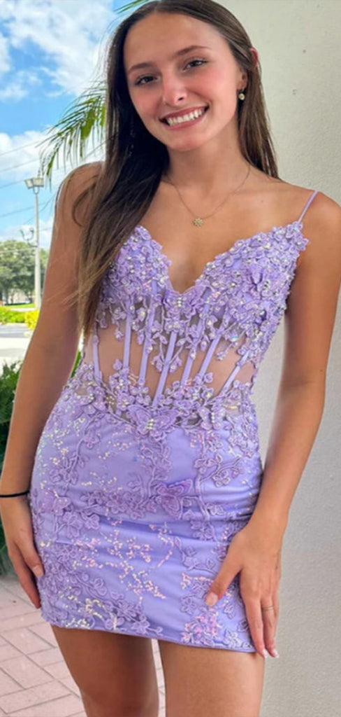 Sexy Purple Mermaid Spaghetti Straps V Neck Lace Short Homecoming Dresses, EPT133