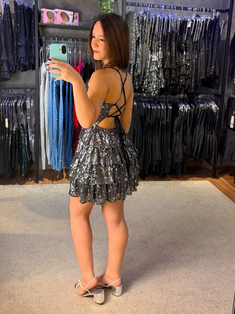 Shiny Spaghetti Strap Sleeveless A-Line Sequin Short Homecoming Dresses For Party,EPT658