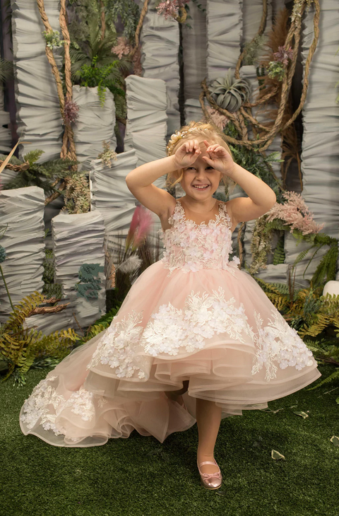 Unique Pink High Low Sleeveless Floral Long A-Line Flower Girl Dress,FG030