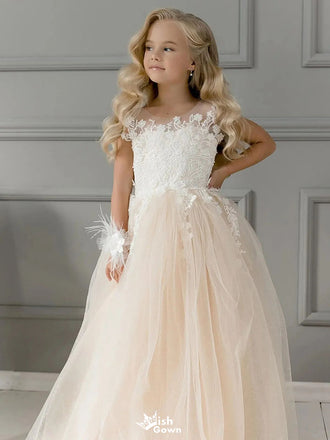 Cute Pink Spaghetti Strap Sleeveless Long A-Line Flower Girl Dress, FG024