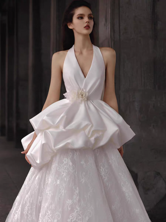 Elegant White V-Neck A-Line Long Weddingc Dresses With Sweep Trailing ,WDH170