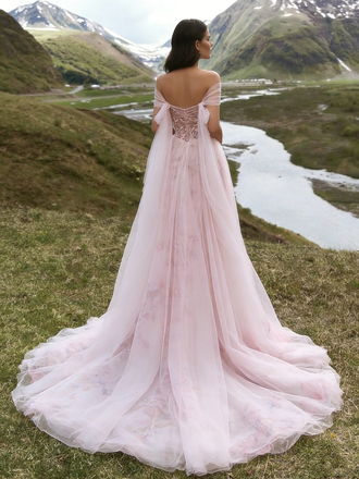 Elegnat Off-The-Shoulder Tulle Wedding Dress Pink Floral Applique Fairy Style Ball Gown,WDH190