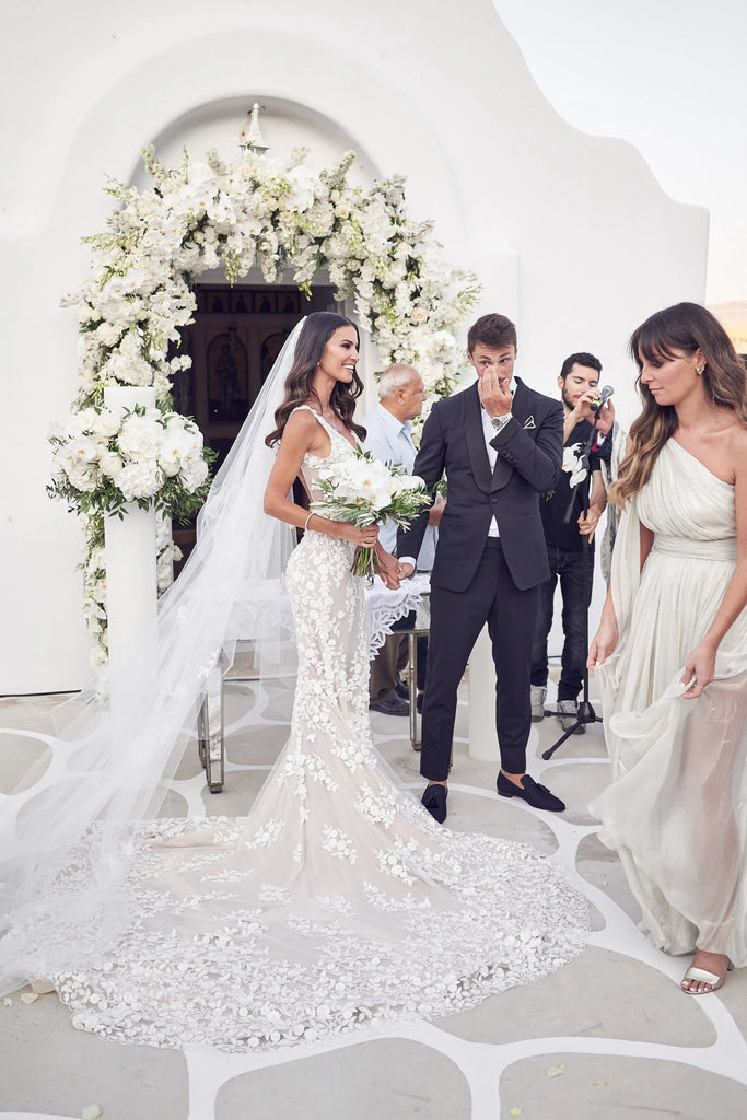 Elegant Applique White Spaghetti Strap Mermaid Long Wedding Dresses With Sweep Trailing,WDH185