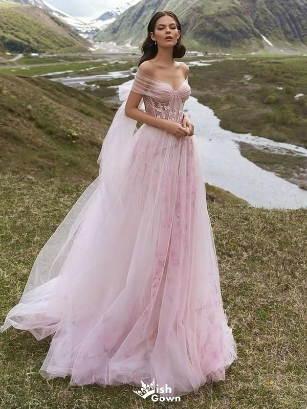 Elegnat Off-The-Shoulder Tulle Wedding Dress Pink Floral Applique Fairy Style Ball Gown,WDH190