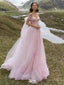 Elegnat Off-The-Shoulder Tulle Wedding Dress Pink Floral Applique Fairy Style Ball Gown,WDH190