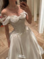 Floral White Off-Shoulder A-Line Long Wedding Dresses With Sweep Trailing,WDH186