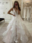 Fancy V-Neck Tiered Tulle A-Line Long Wedding Dresses With Sweep Trailing,WDH187