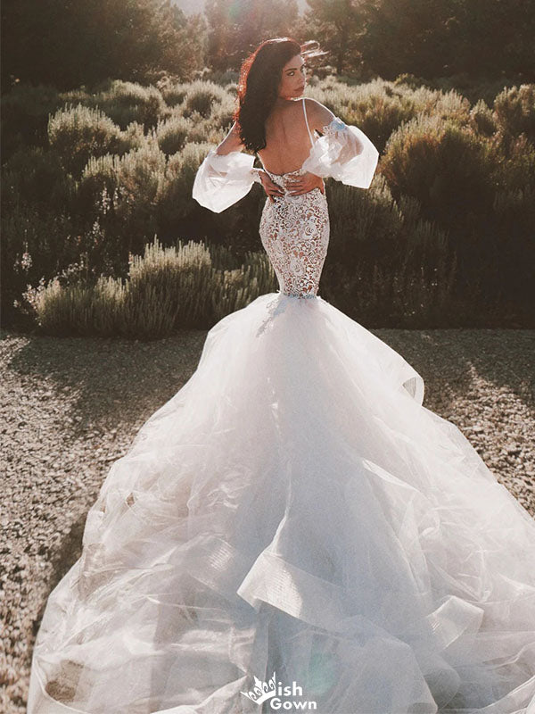 Elegant White Spaghetti Strap Lace Mermaid Long Wedding Dresses With Sweep Trailing,WDH180