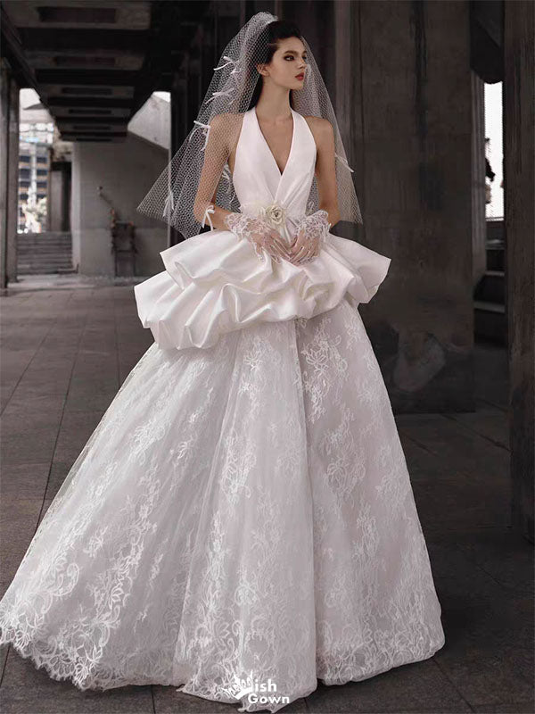 Elegant White V-Neck A-Line Long Weddingc Dresses With Sweep Trailing ,WDH170