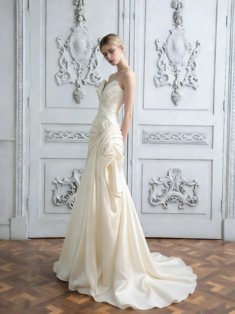 Classy Ruched Satin Wedding Prom Gown Strapless Sweetheart Neckline Mermaid Silhouette,WDH188