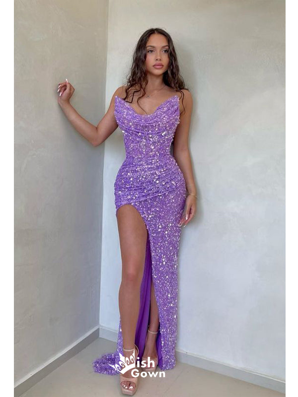 Sexy Lilac Mermaid Strapless Side Slit Maxi Long Party Prom Dresses,WGP282