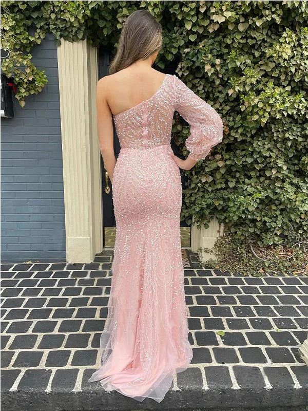 Sexy Pink Mermaid One Shoulder Side Slit Maxi Long Party Prom Dresses,WGP279