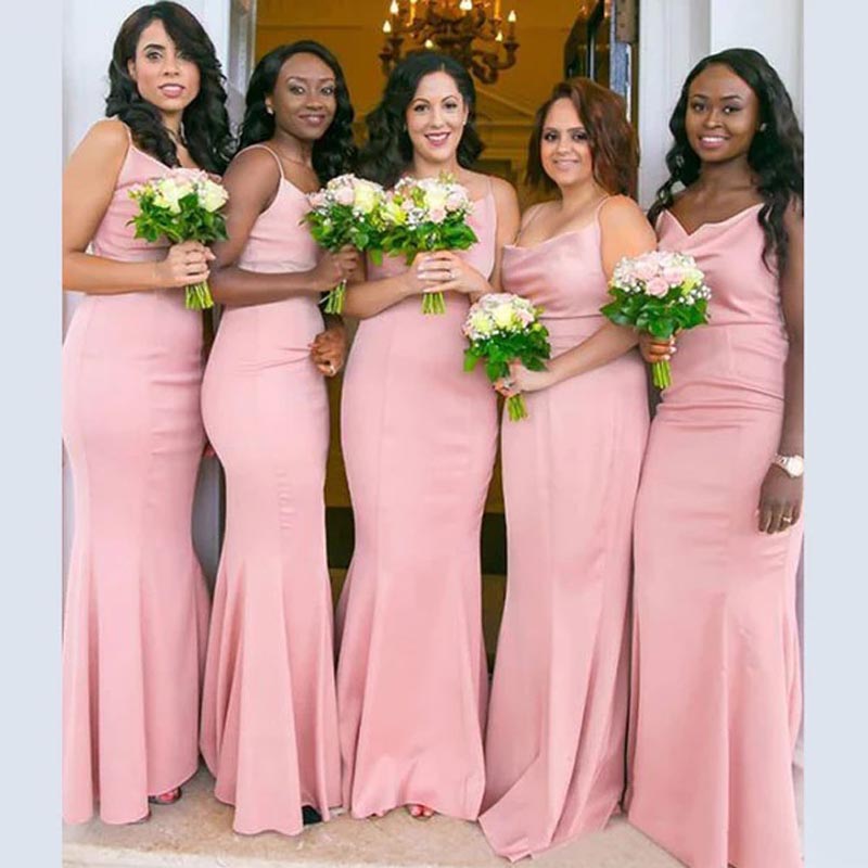 Elegant Pink Mermaid Spaghetti Straps Maxi Long Bridesmaid Dresses Online, WGM159