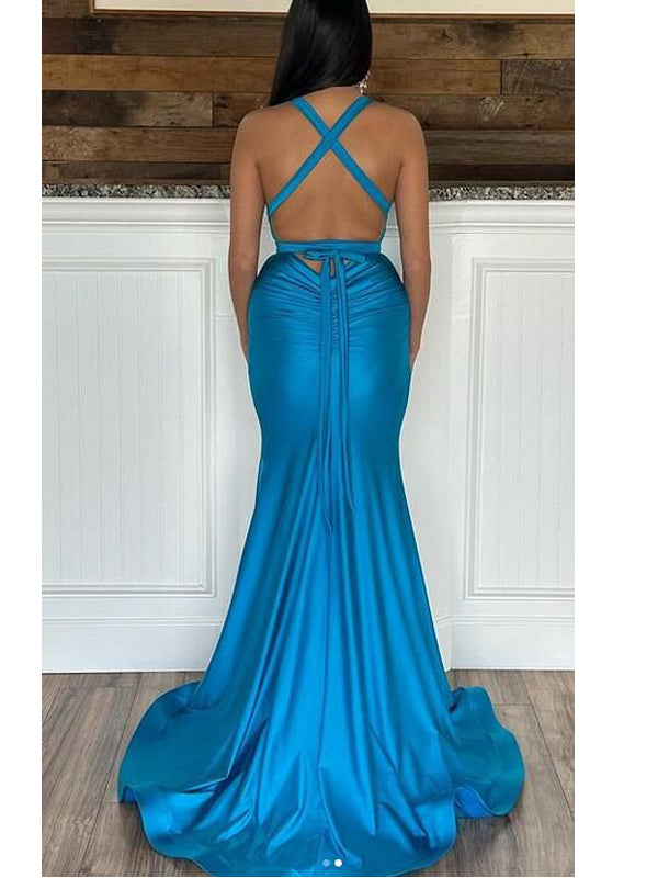 Sexy Blue Mermaid V-neck Backless Maxi Long Party Prom Dresses,WGP285