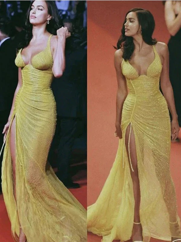 Sexy Yellow Mermaid Spaghetti Straps Side Slit Party Prom Dresses,Evening Dresses,WGP299