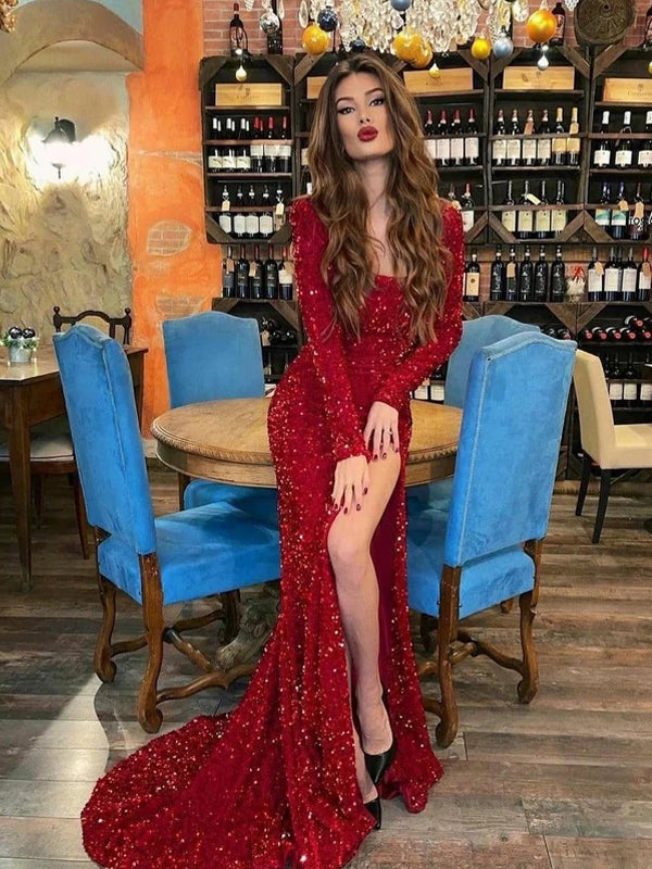 Sexy Red Mermaid Side Slit Long Sleeves Party Prom Dresses,Evening Dresses,WGP291