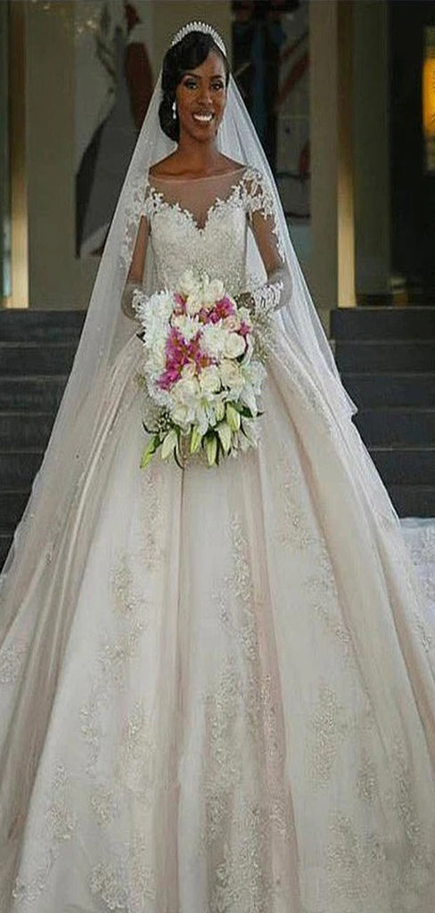 Elegant Illusion Full Sleeve Applique Ball Gown Popular Bridal Long Wedding Dresses, WDH088