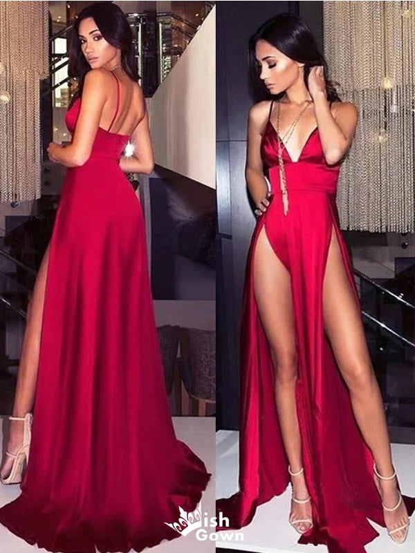 Sexy Red Sheath V-neck High Slit Party Prom Dresses,Evening Dresses,WGP302