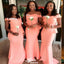 Elegant Pink Mermaid Off Shoulder Beading Cheap Maxi Long Wedding Guest Bridesmaid Dresses,WGM204