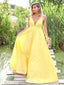 Elegant Yellow A-Line Spaghetti Straps V Neck Maxi Long Party Prom Gowns,Evening Dresses,WGP391