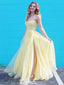 Gorgeous Light Yellow A-Line Spaghetti Straps Side Slit Applique Maxi Long Party Prom Gowns,Evening Dresses,WGP392